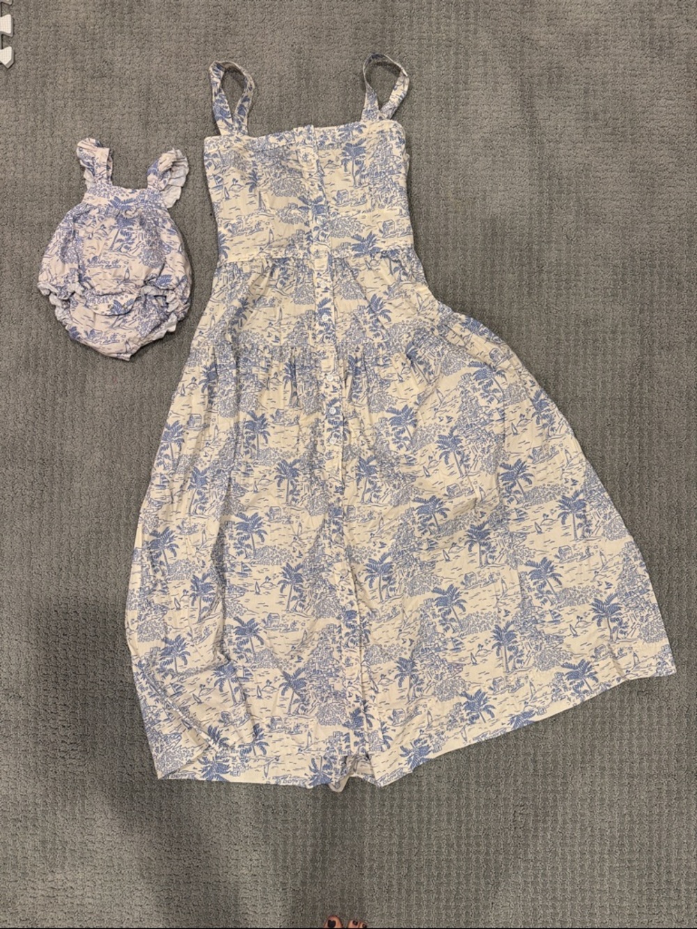 Blue Toile Maxi Dress with Matching Baby Romper
